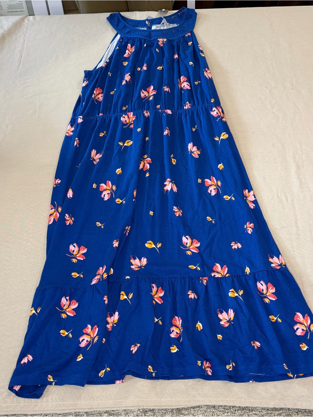 Daniel Rainn Royal Blue Floral Maxi Dress with Pink and Yellow Accents